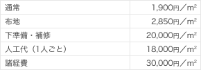 通常1,900円/m2 布地2,850円/m2 下準備・補修20,000円/m2 人工代(1人ごと)18,000円/m2 諸経費30,000円/m2 